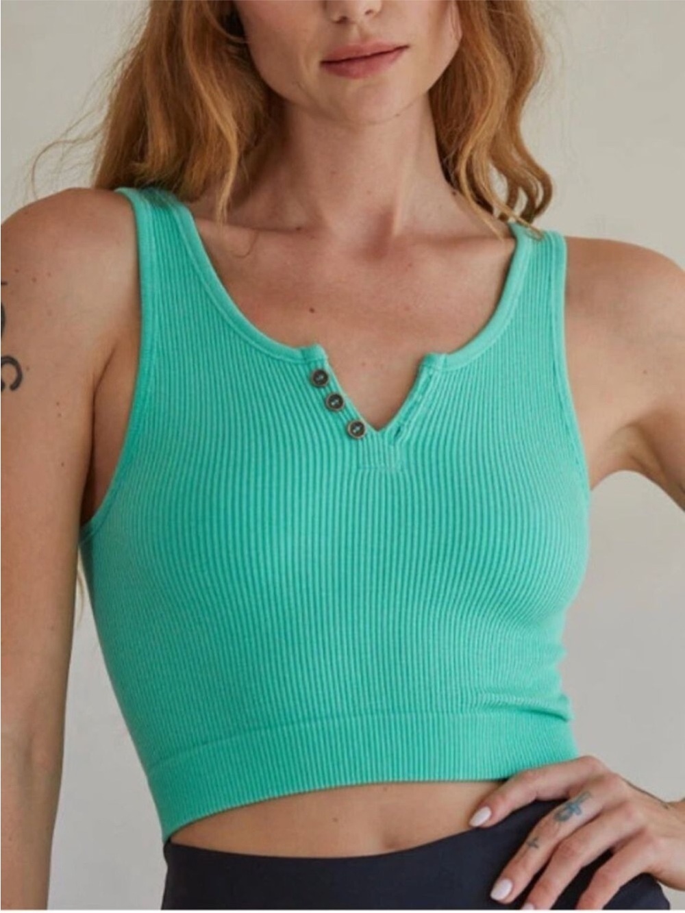 By Together Teal Ribbed Henley Crop Tank